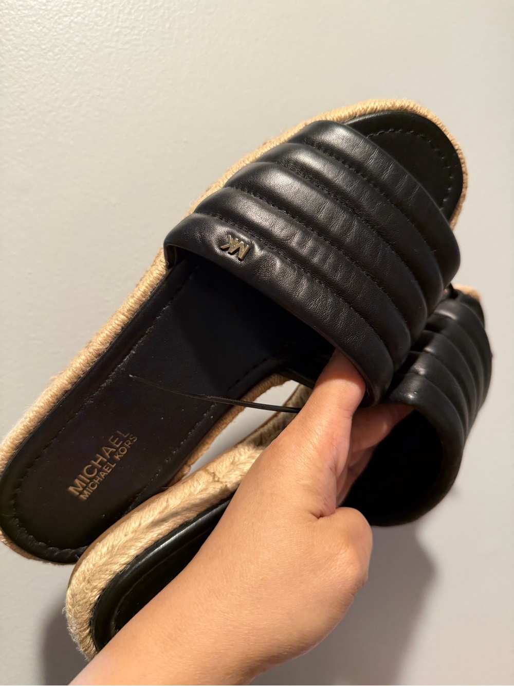 MICHAEL Michael Kors Black Quilted Slide Sandals with Jute Trim